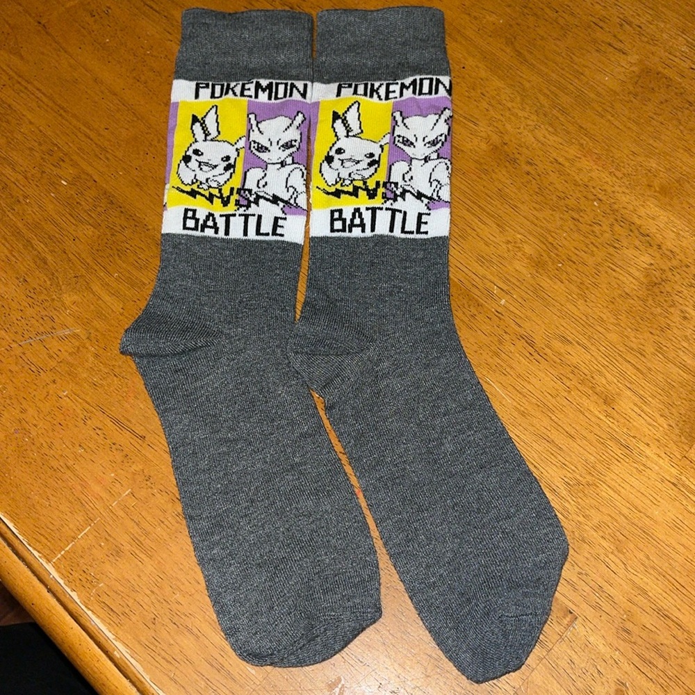 Pokemon Battle Gray White Yellow Purple Black Socks With Pikachu and Mew